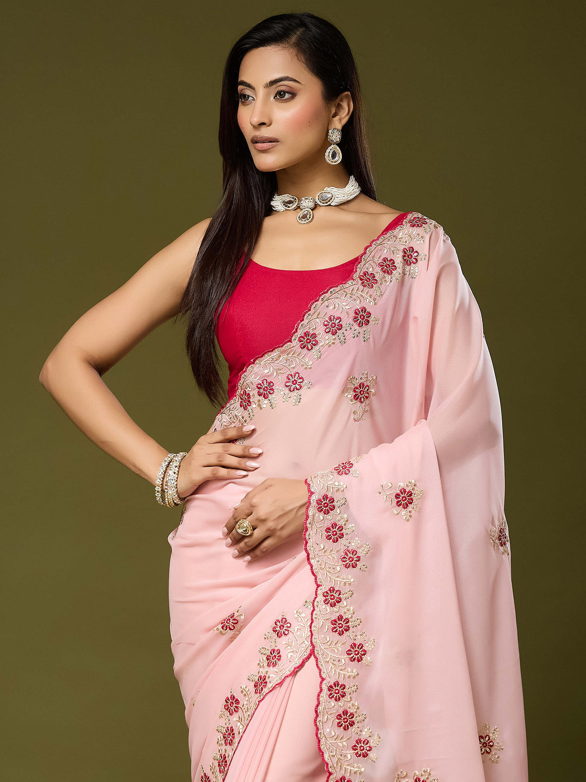 Pink Georgette saree – detail view 4