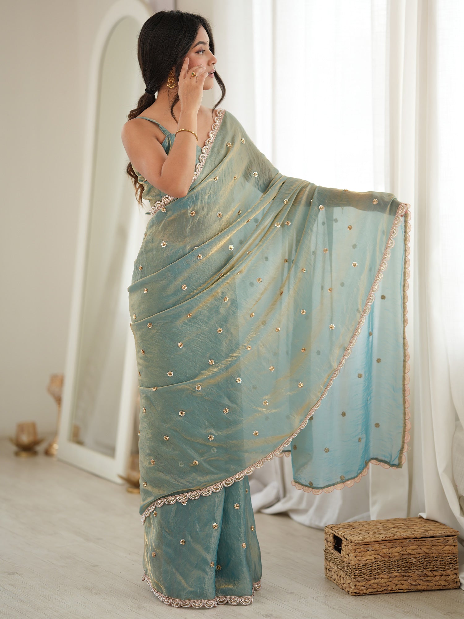 Light Blue Satin saree – detail view 2