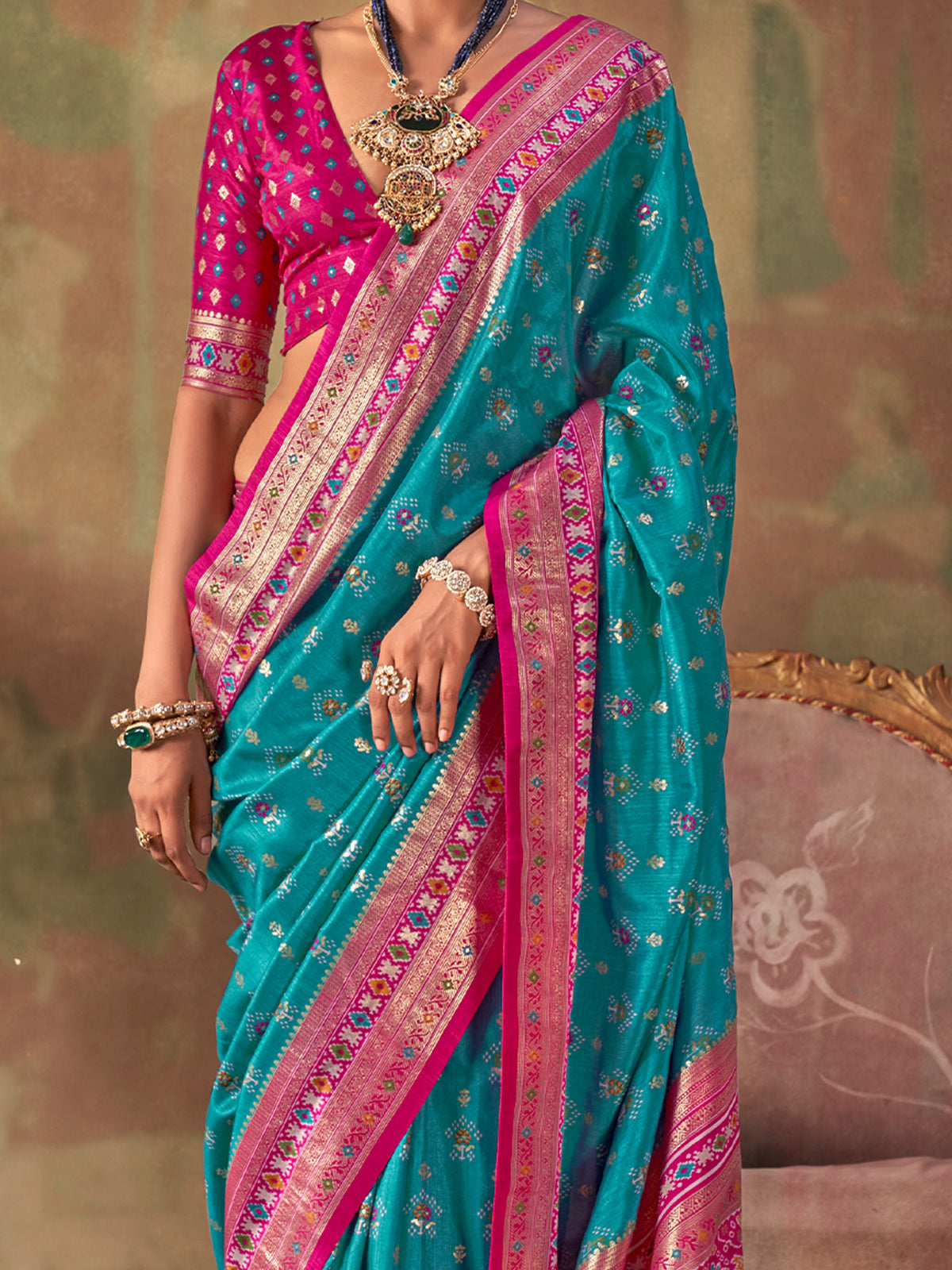 Turquoise Blue Silk Blend saree – detail view 3