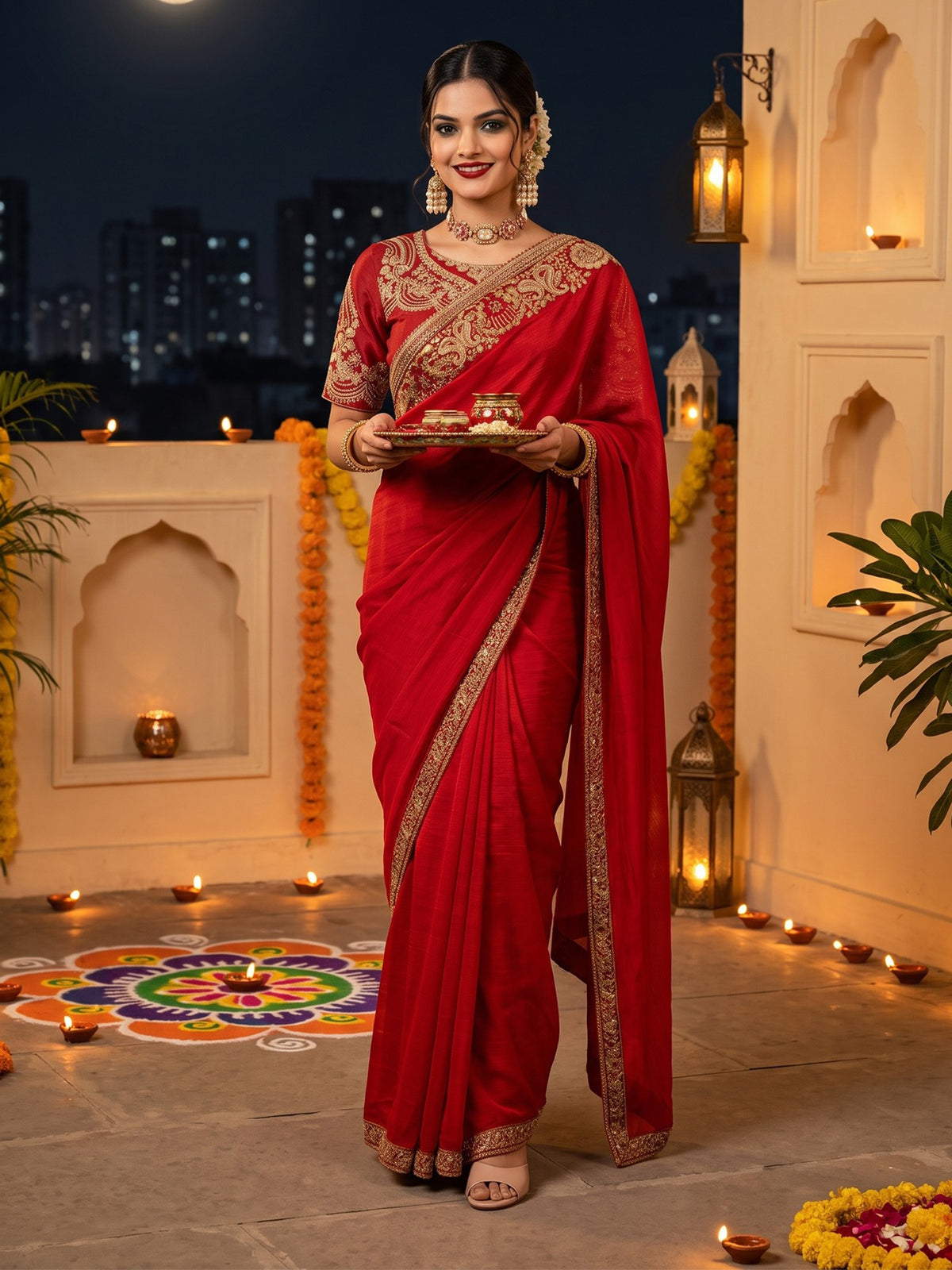 Woman wearing red satin saree with embroidered motif work and red blouse