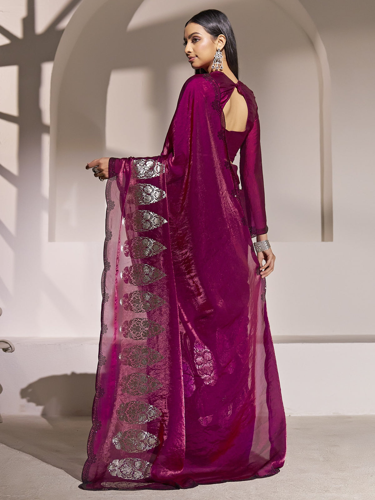Magenta satin silk saree view 1