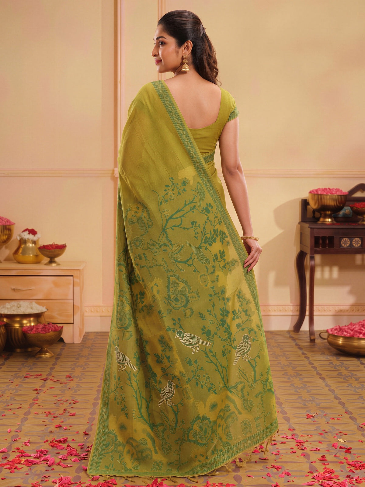 Olive silk blend saree view 1