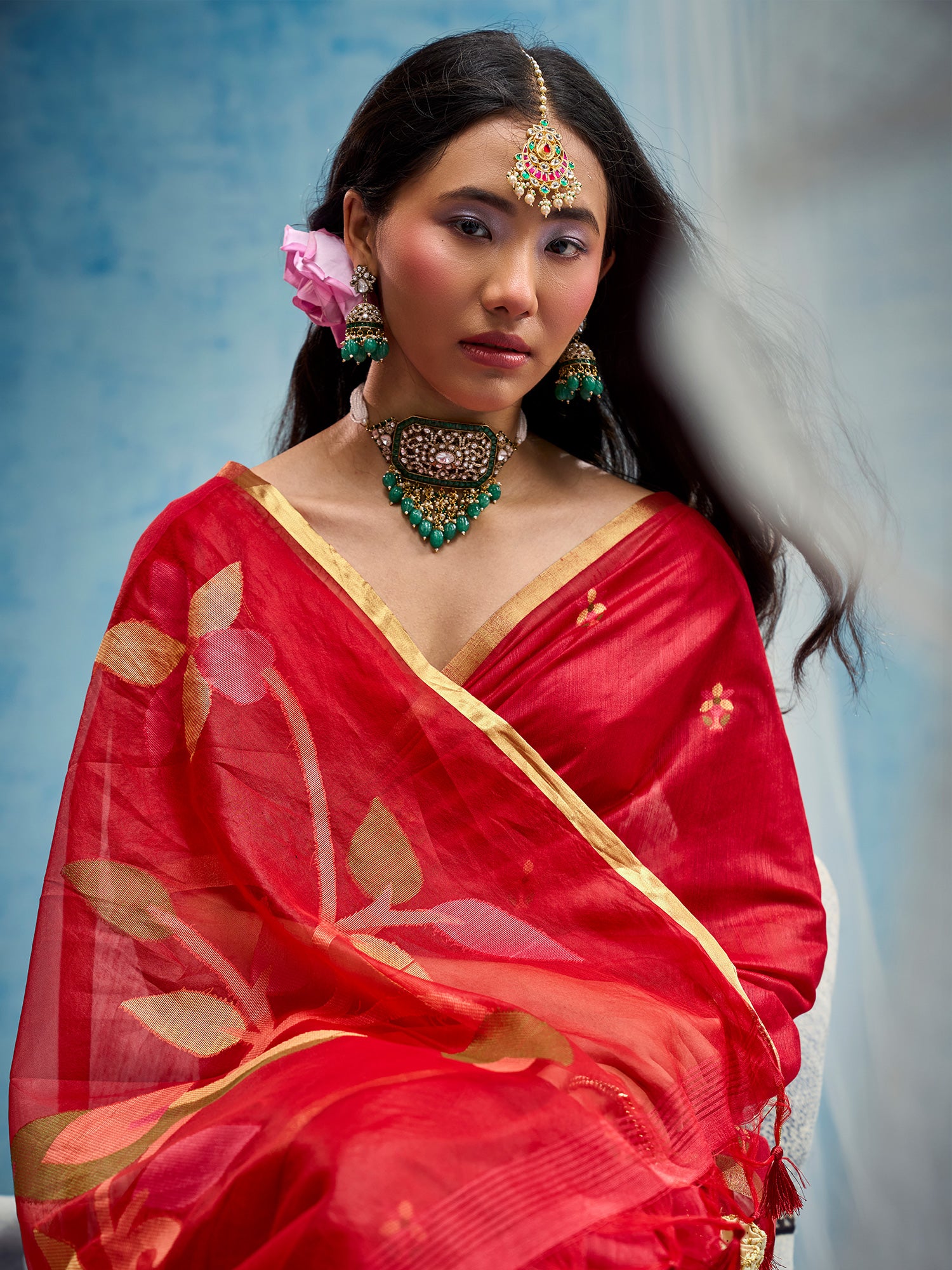 Red Muga Cotton saree – detail view 3
