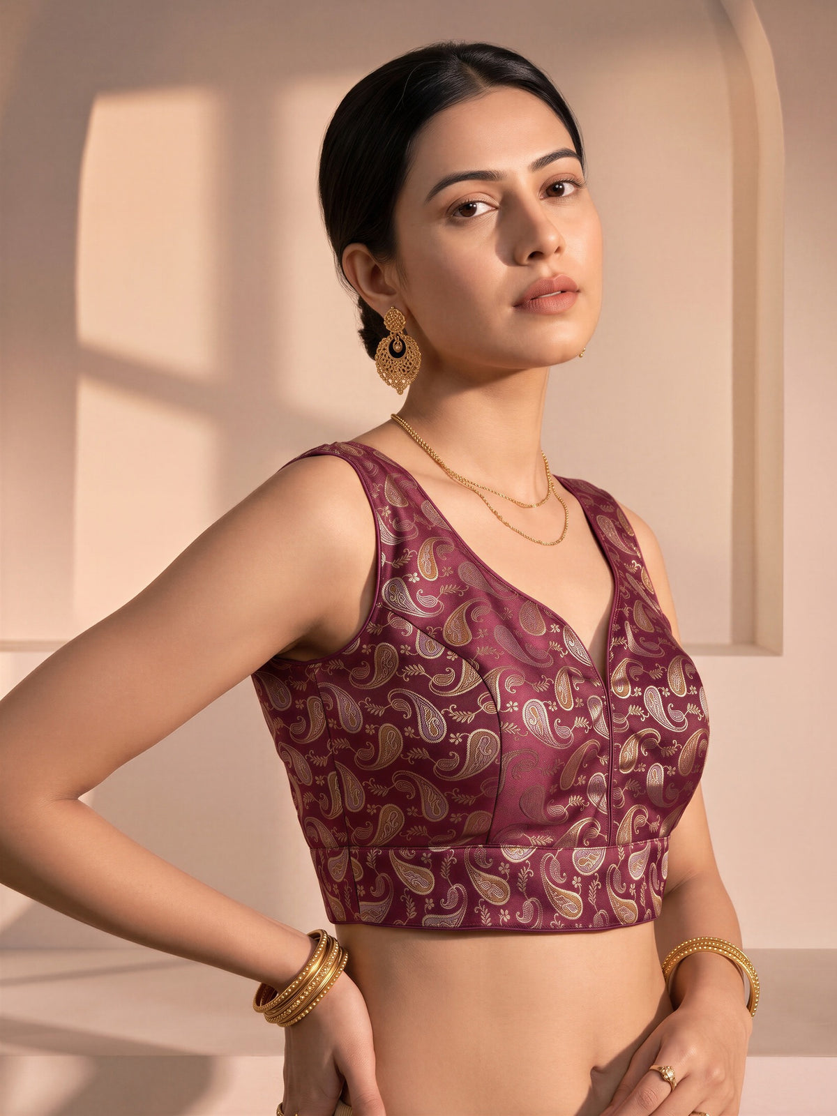 Coffee Brown woven brocade silk blend sleeveless readymade saree blouse with v neck view 3