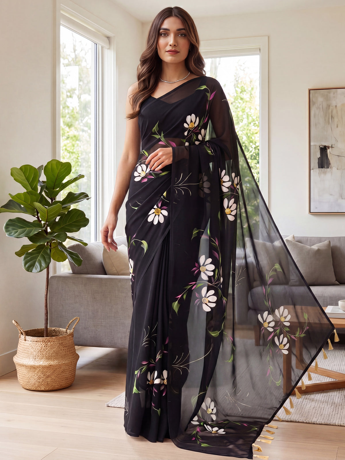 Black Georgette saree – detail view 3