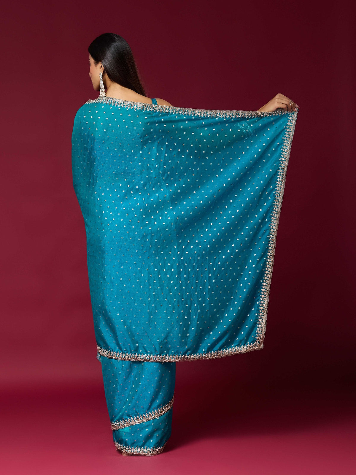 Turquoise Blue Georgette saree – detail view 1