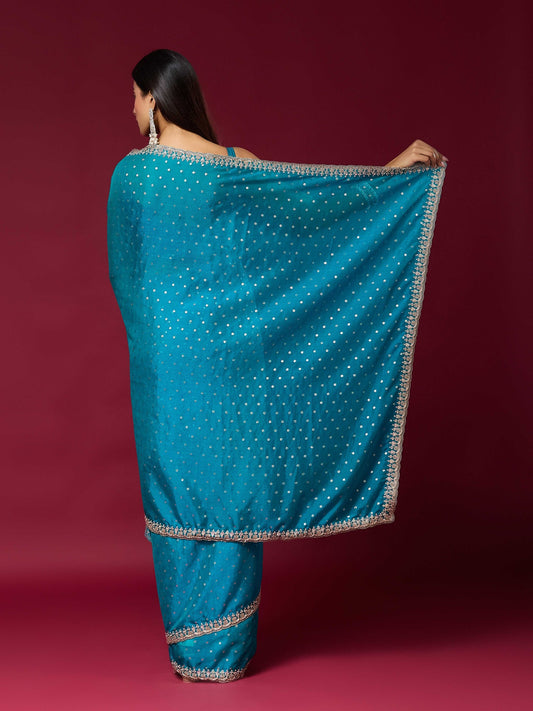 Turquoise Blue Georgette saree – detail view 1