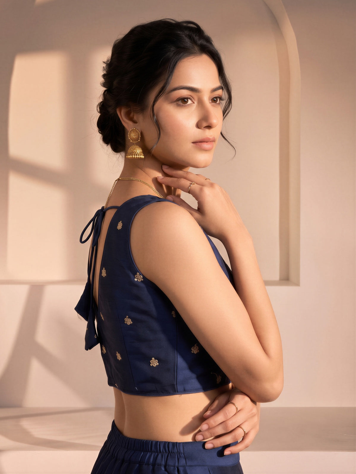 Teal Blue sequin embellished vichitra silk sleeveless readymade saree blouse with v neck view 2