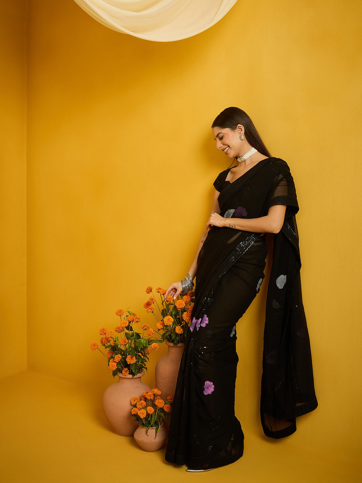 Black Georgette saree – detail view 1