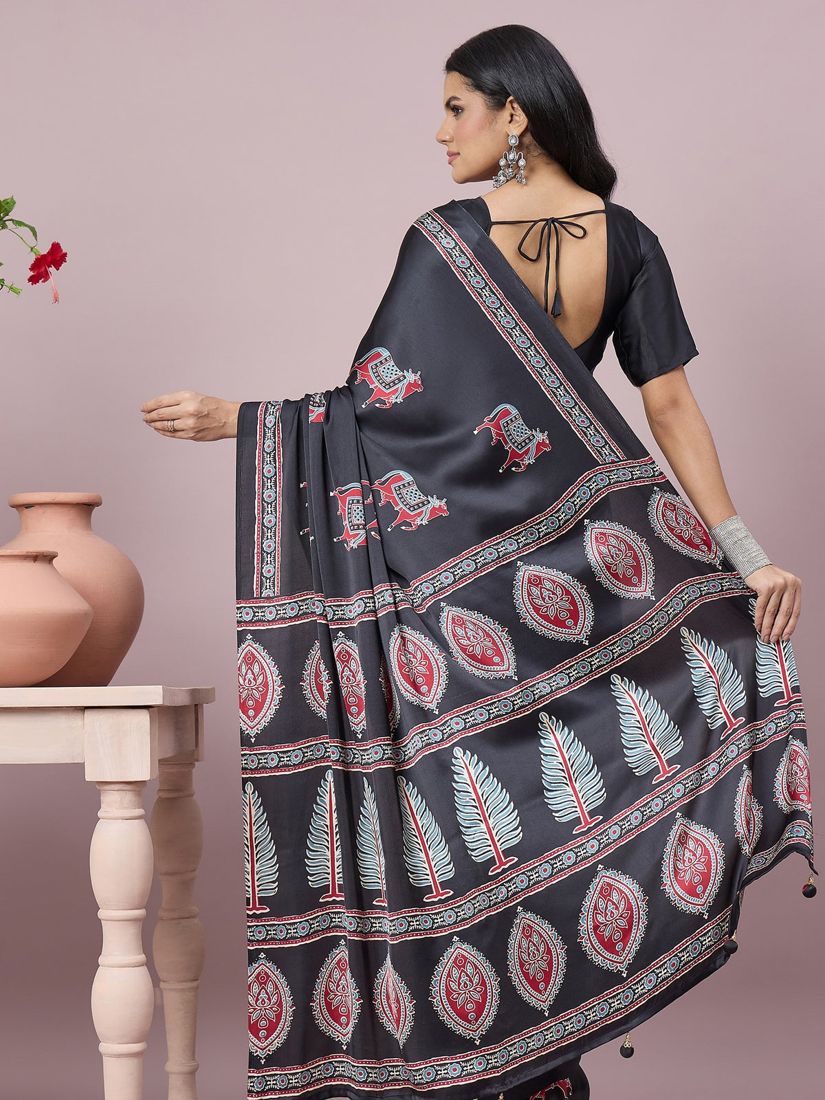 Black satin saree view 2