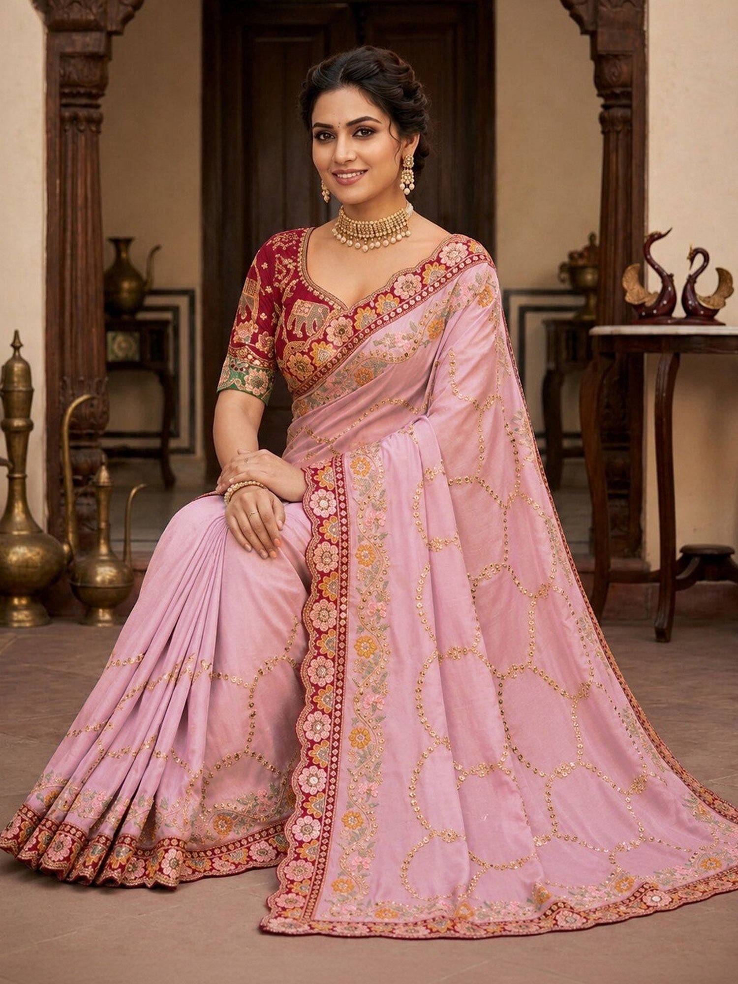 Pink Pure Georgette saree – detail view 2