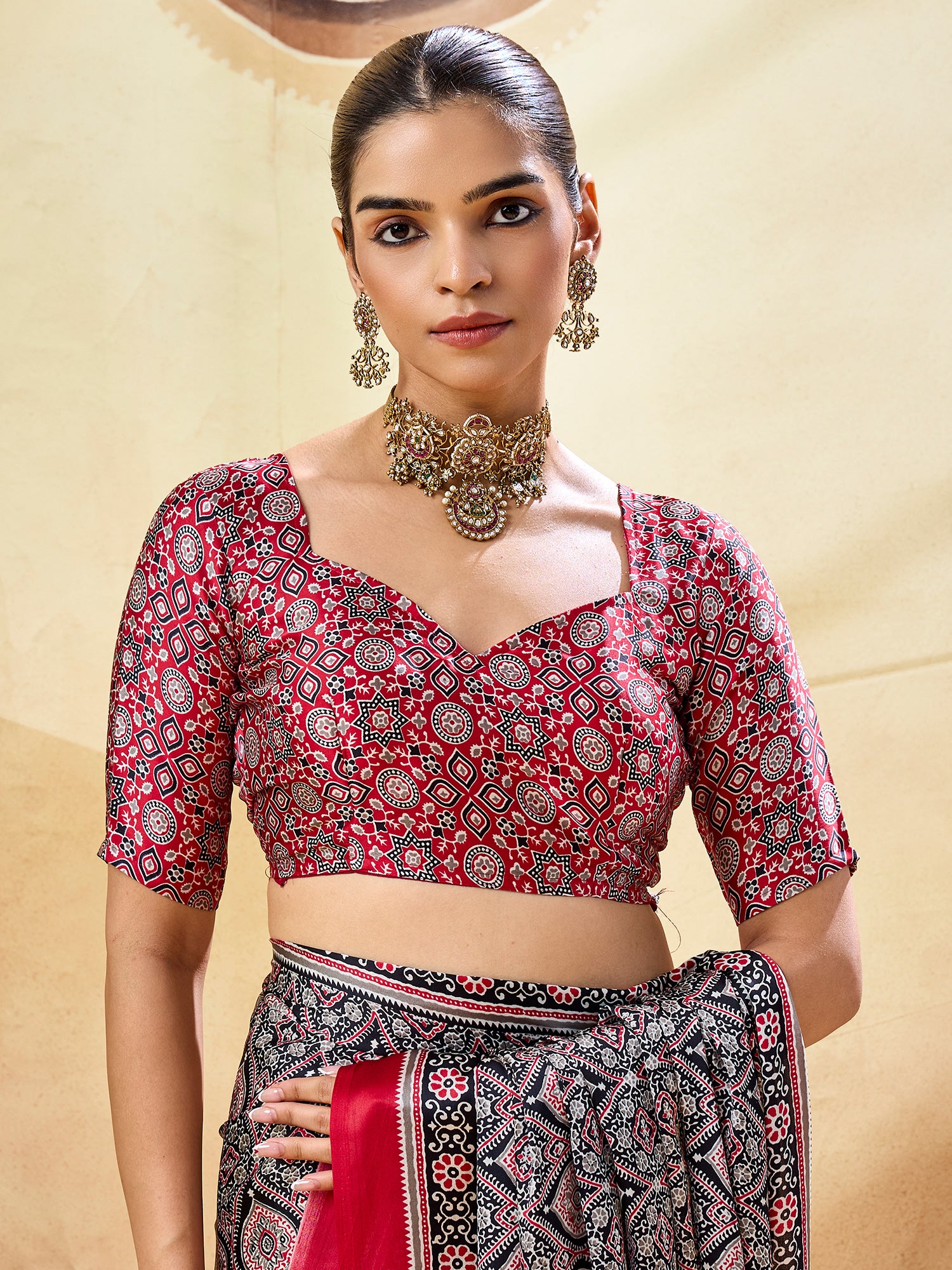 Unstitched maroon satin blouse piece with ajrak design