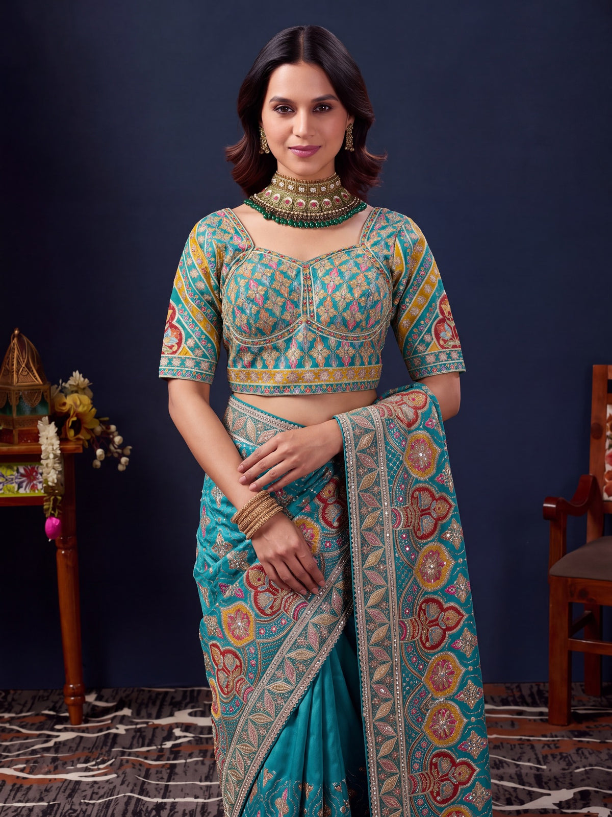 Teal Blue Silk Blend saree – detail view 3