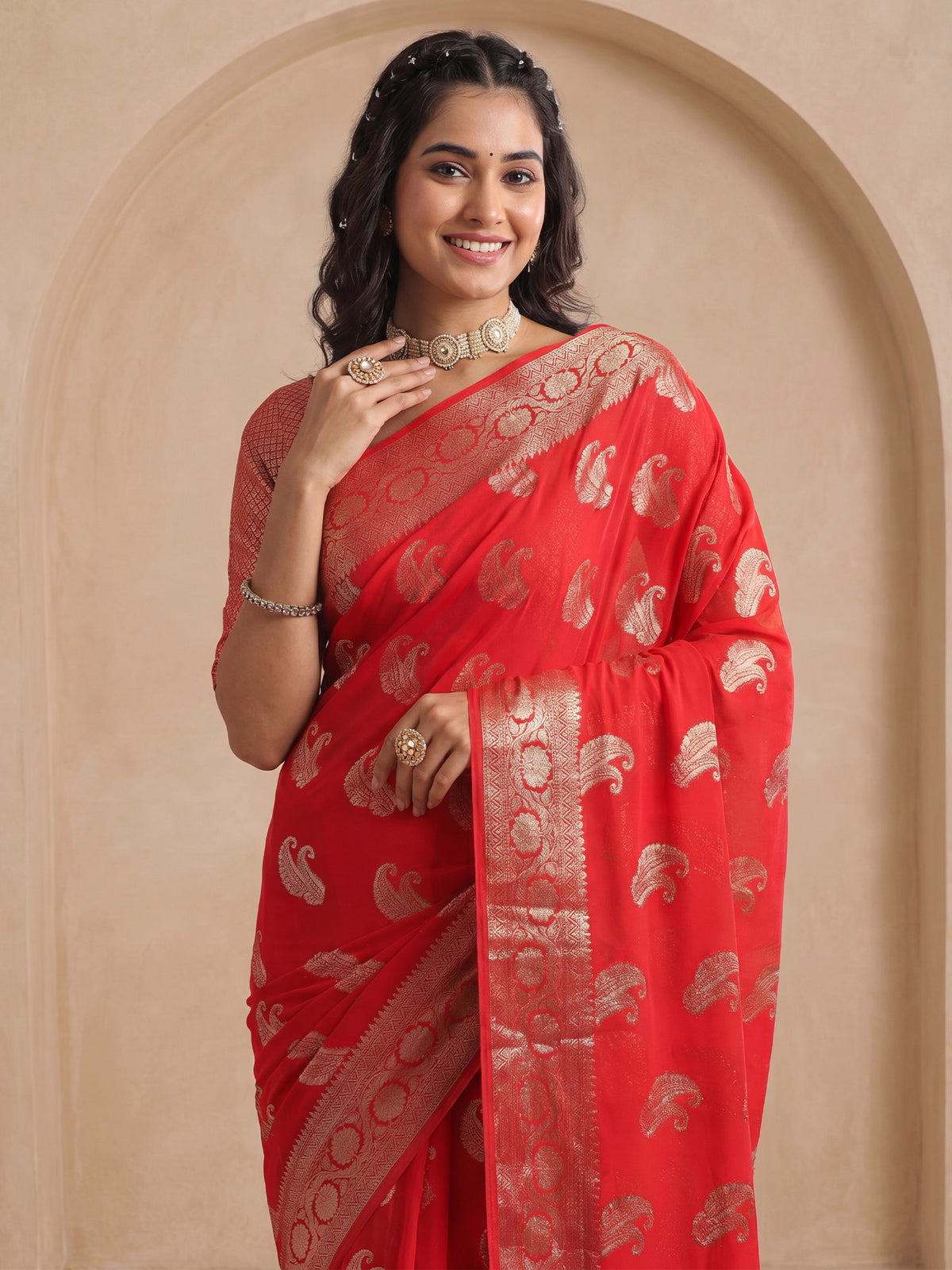 Red Georgette saree – detail view 4