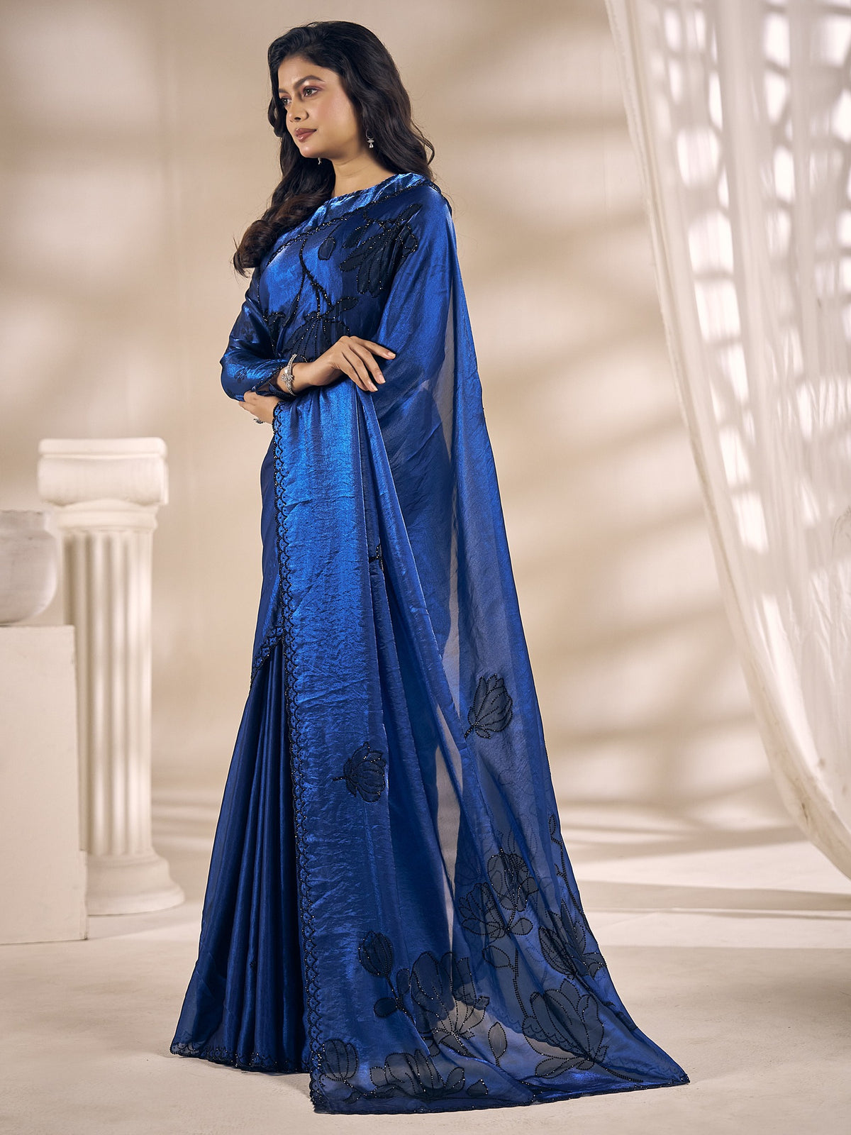 Blue satin silk saree view 2