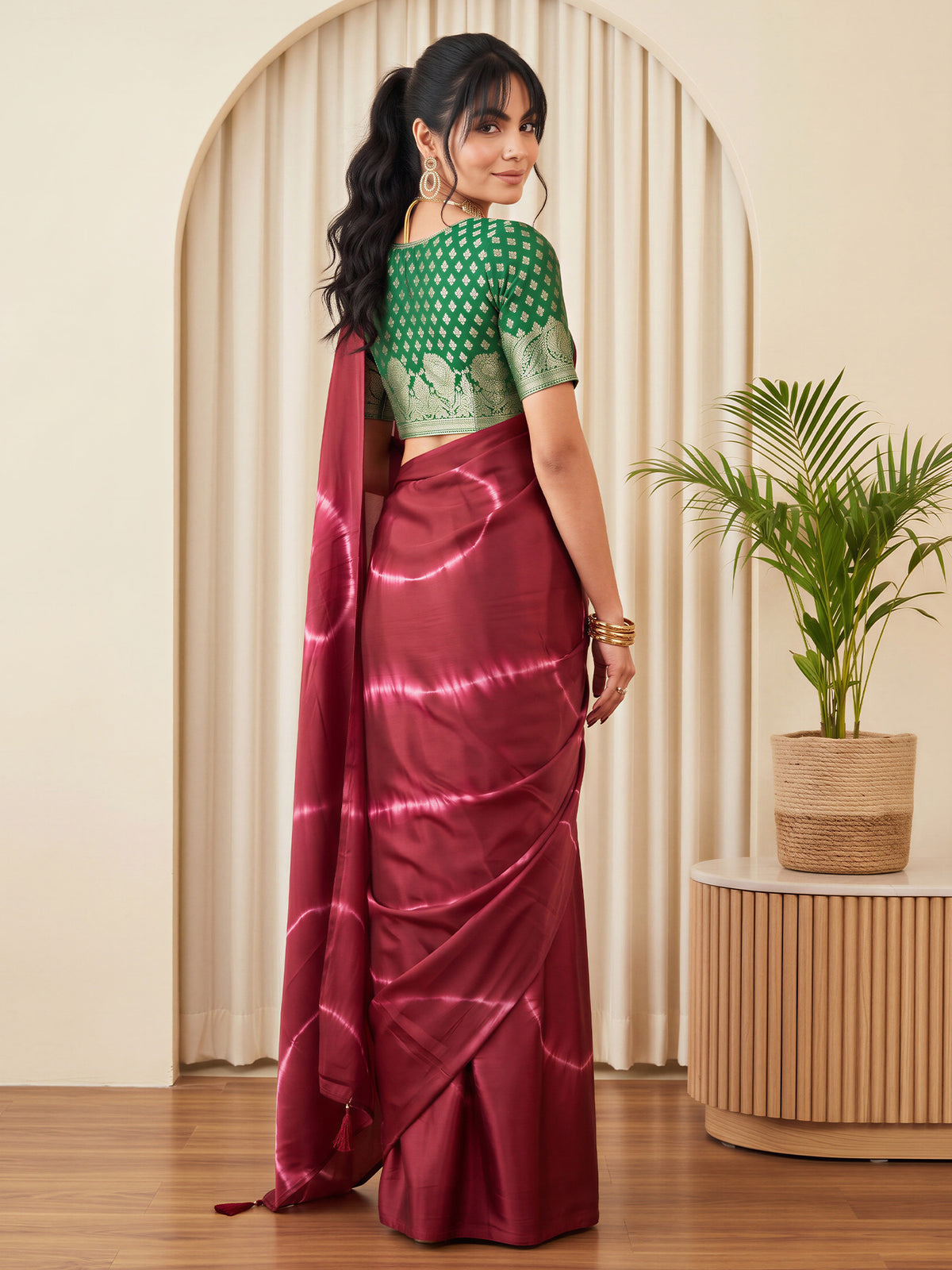 Burgundy Satin Silk saree – detail view 1