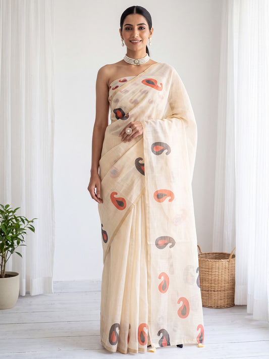 Woman wearing cream cotton linen saree with paisley (kairi) motif work and cream blouse