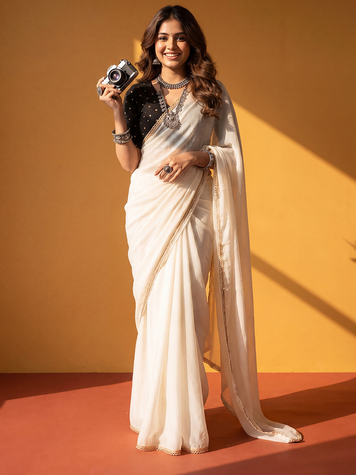 White Georgette saree – detail view 2