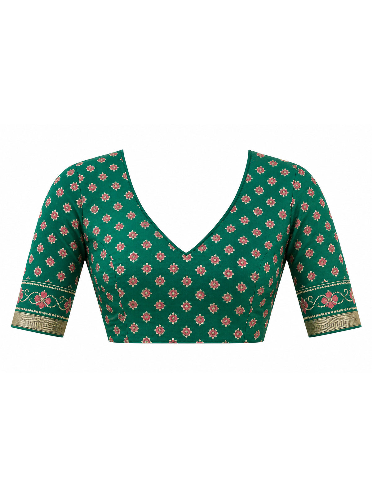 Unstitched green silk blend blouse piece with ikat design