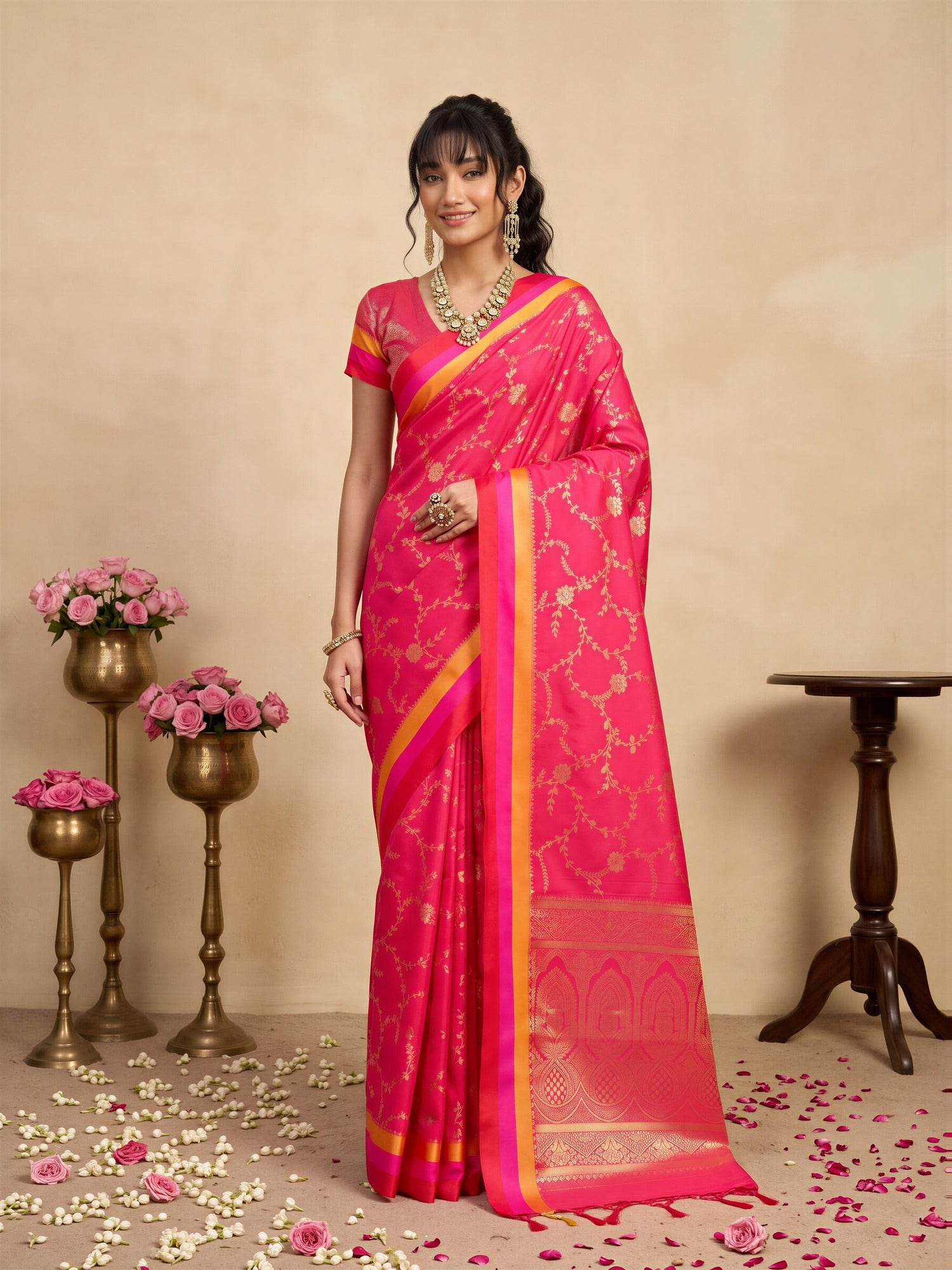 Woman wearing pink pure silk saree with traditional indian motif work and pink blouse