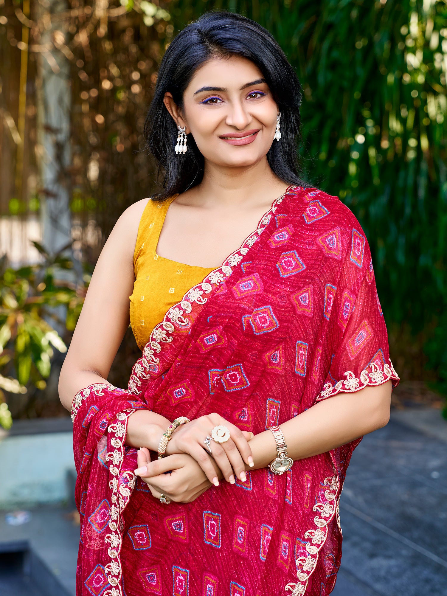 Red Georgette saree – detail view 3