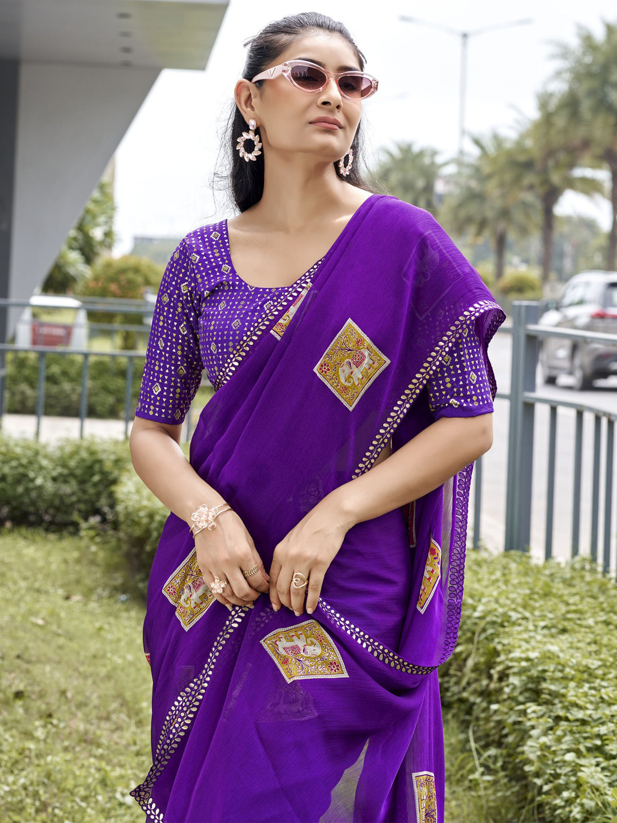 Violet chiffon saree view 3