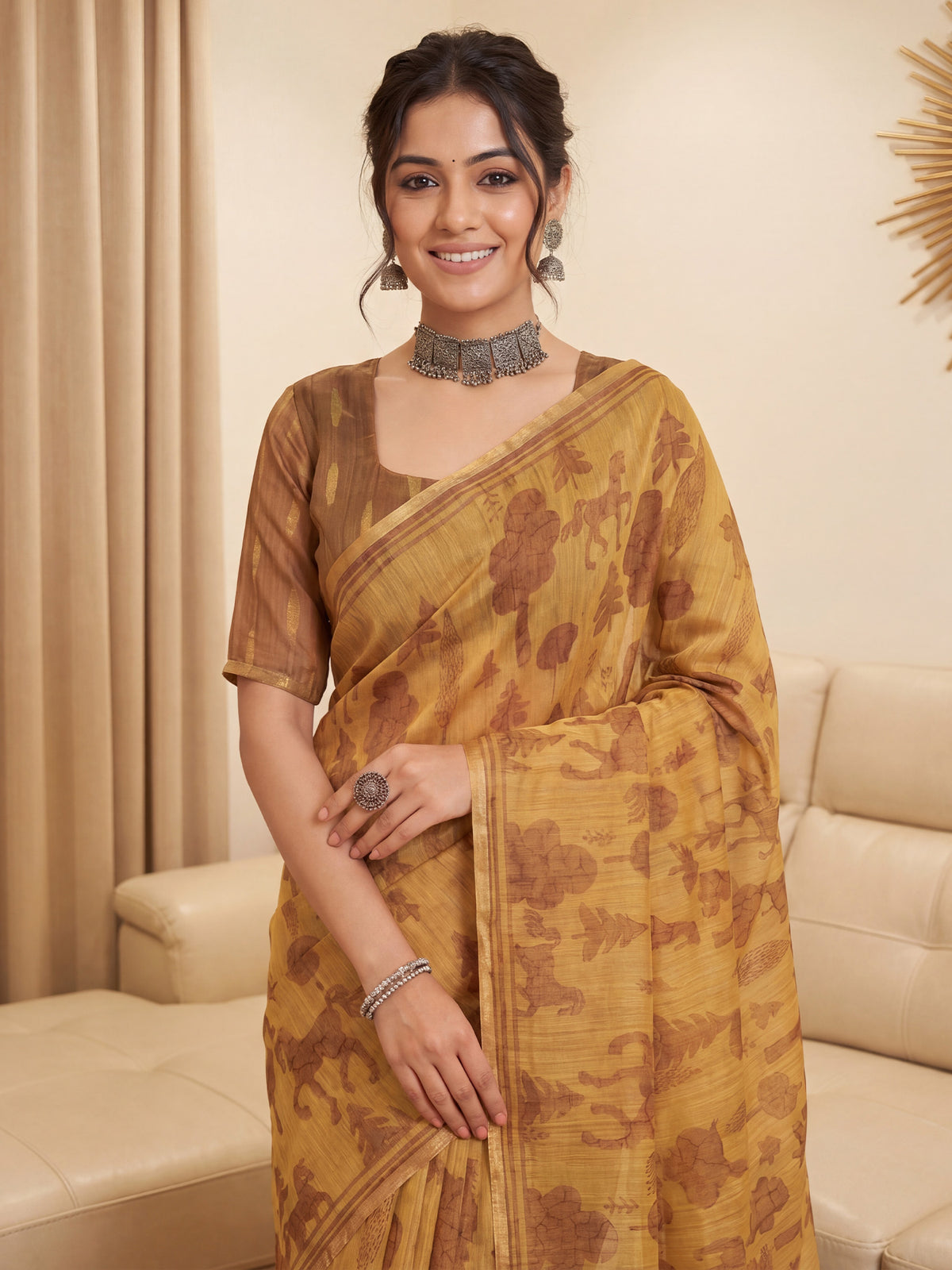 Camel Brown Cotton Linen saree – detail view 4