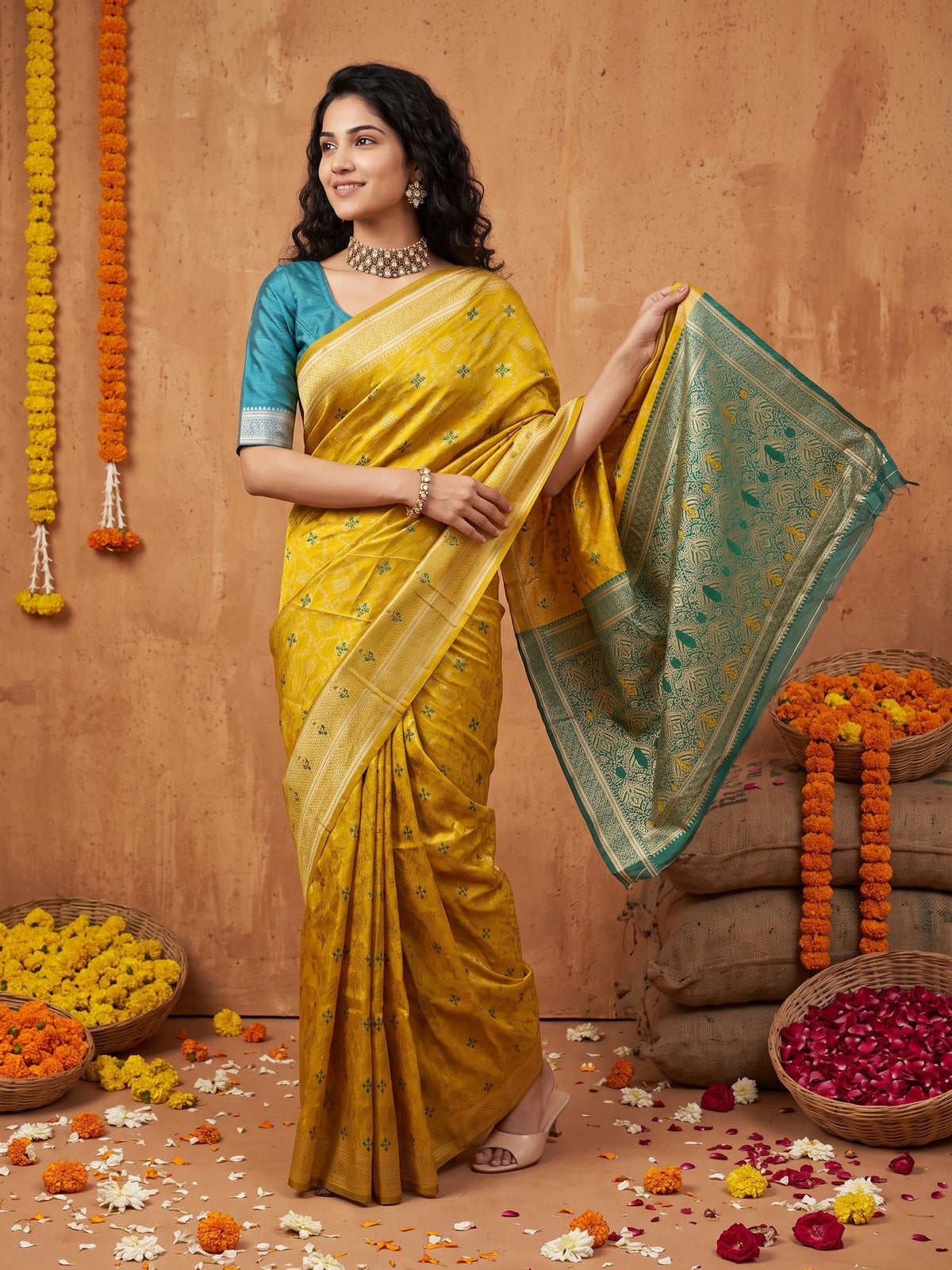 Mustard Silk Blend saree – detail view 3