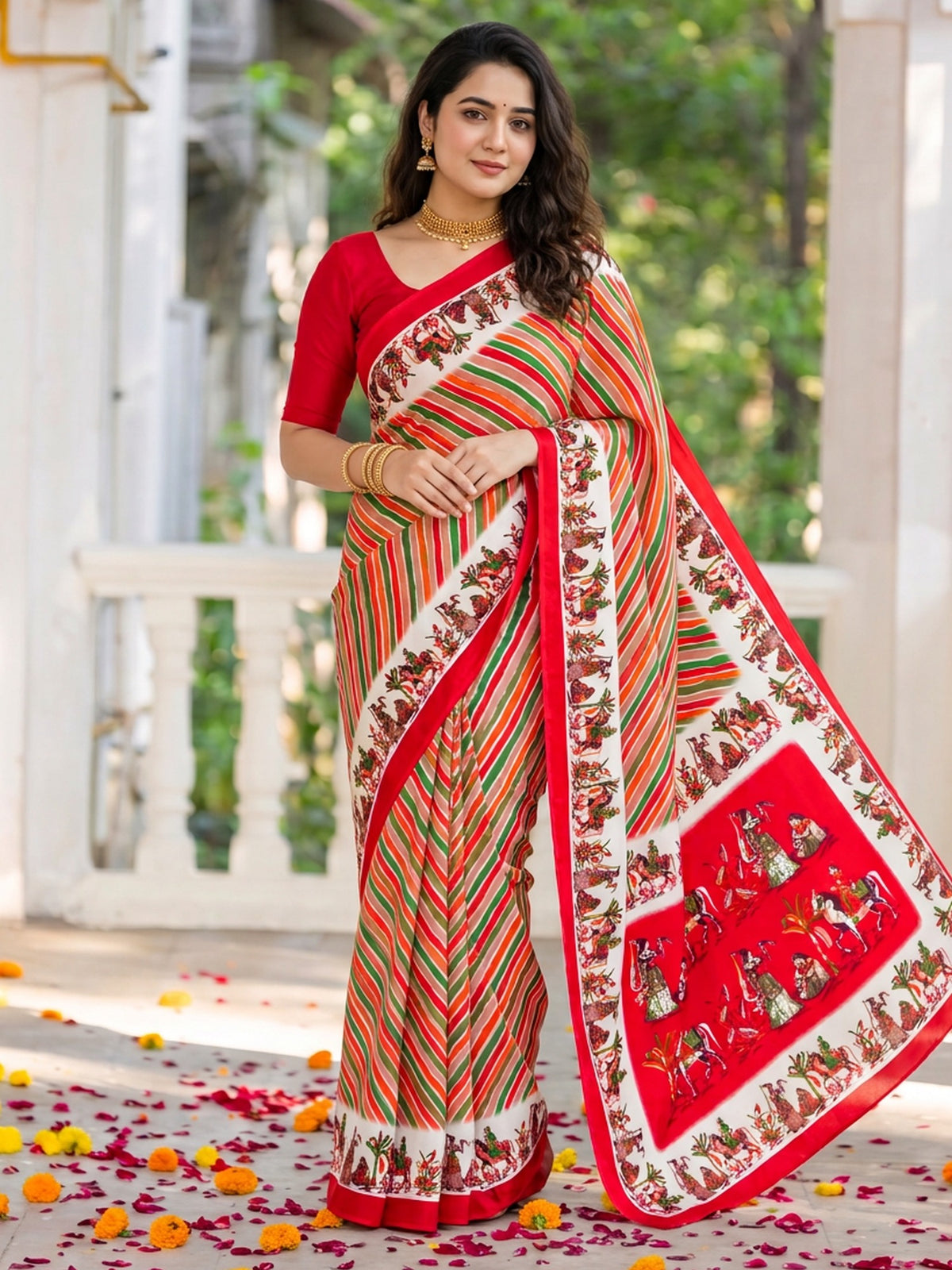 Red crepe saree view 1