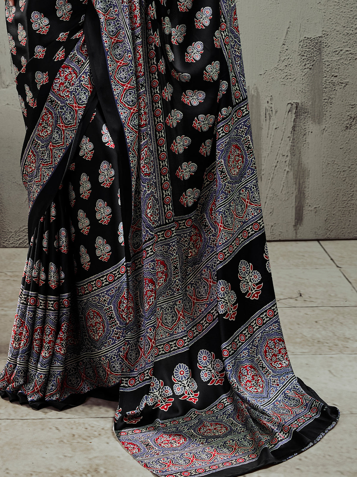 Black satin saree view 4