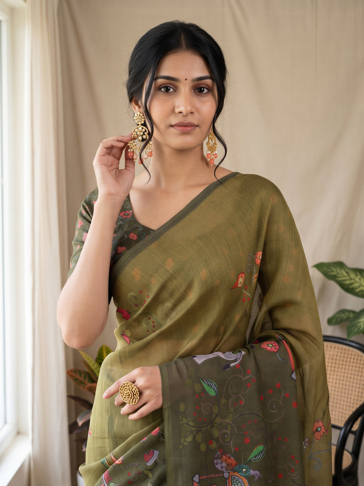Olive Linen Blend saree – detail view 4