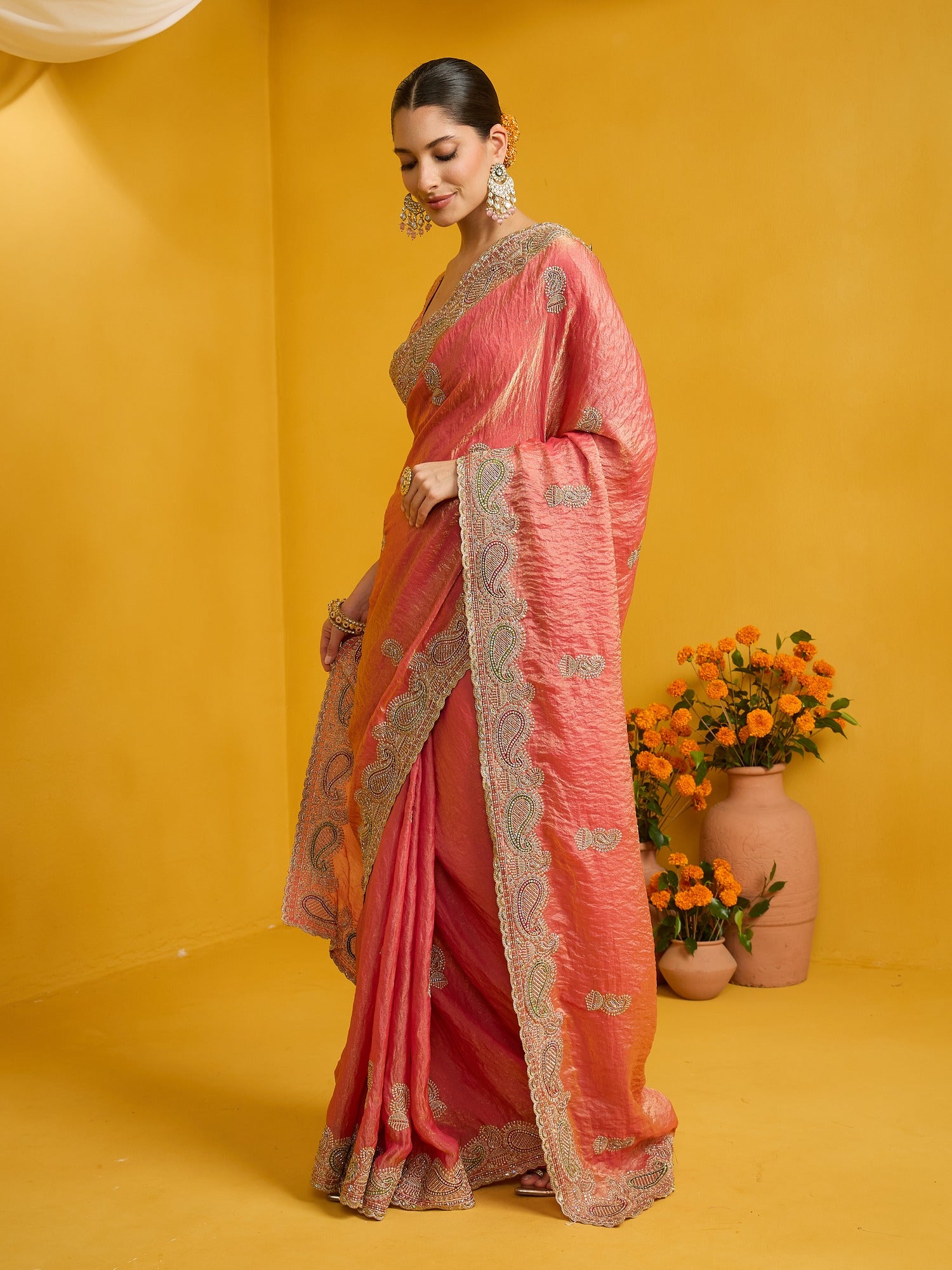 Peach Satin Silk saree – detail view 1