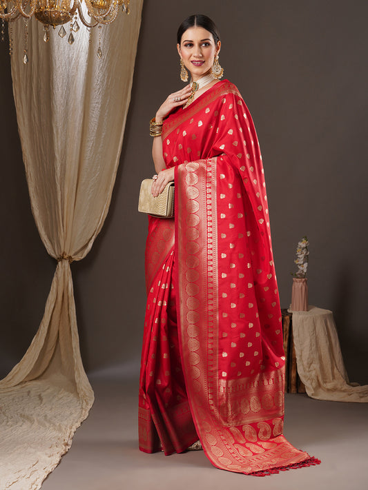 Red Banarasi Silk Saree with Gold Zari Weave