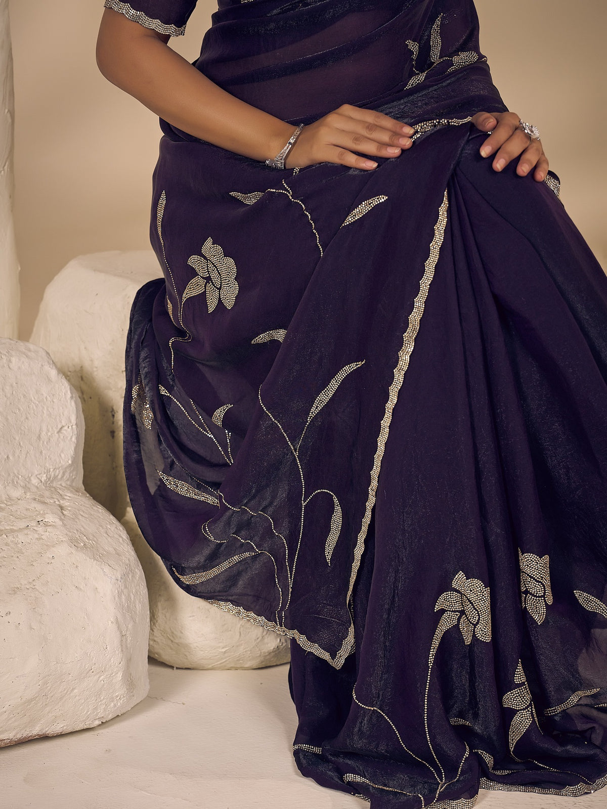 Purple satin silk saree view 4