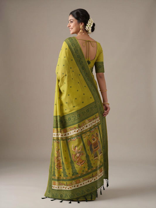 Olive cotton blend saree view 1