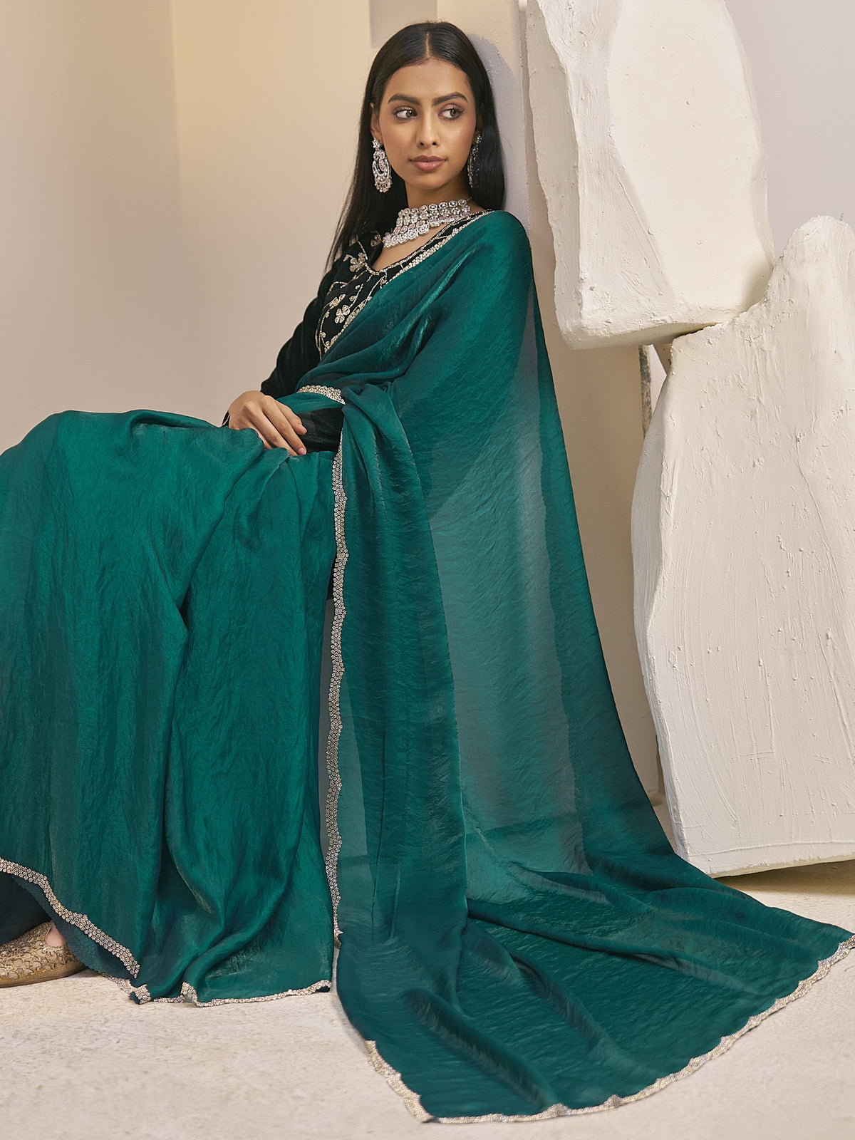 Teal Green satin silk saree view 2