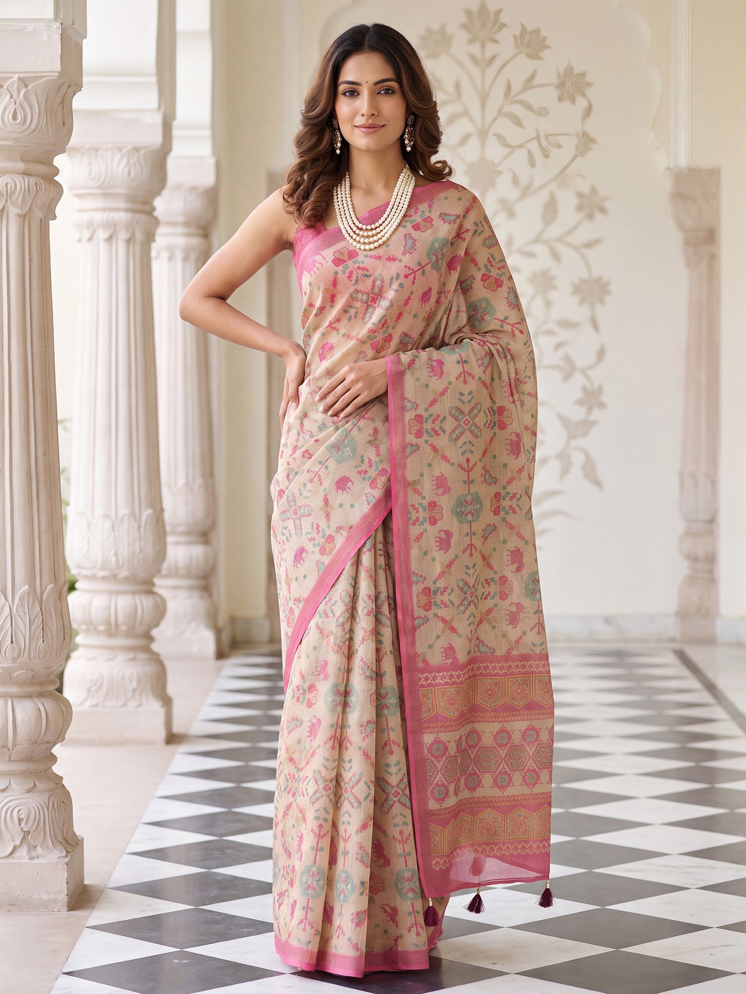 Woman wearing beige cotton silk saree with ikat resist-dyed pattern and pink blouse