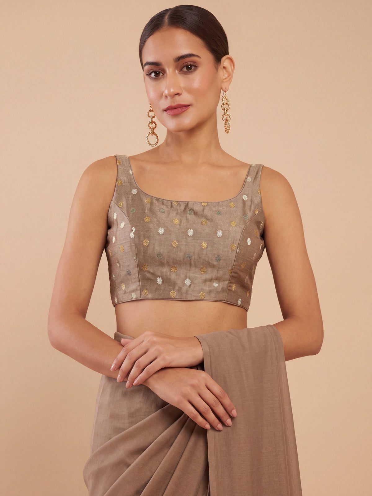 Beige zari woven georgette sleeveless readymade saree blouse with round neck view 2