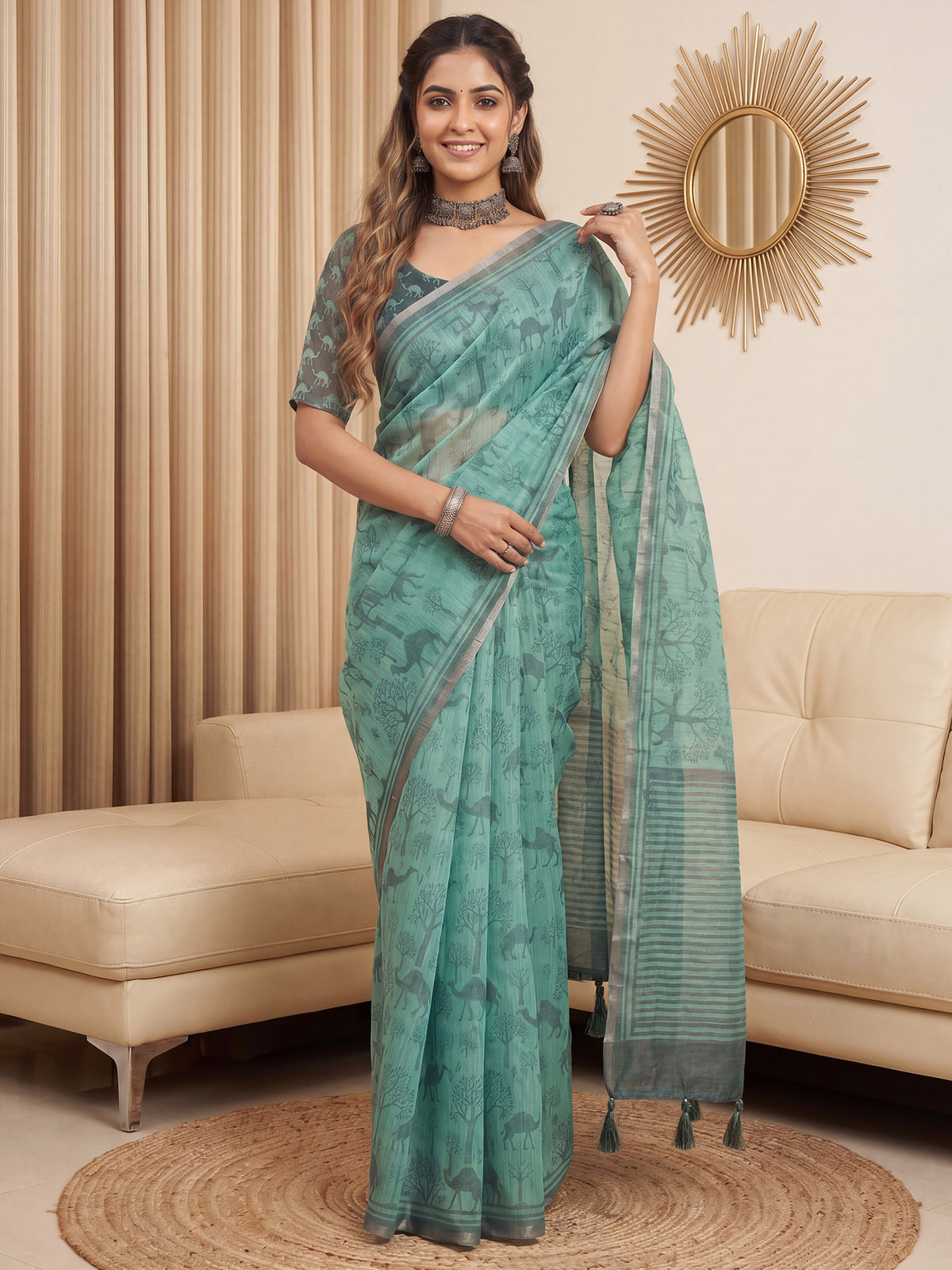 Turquoise Cotton Linen saree – detail view 3