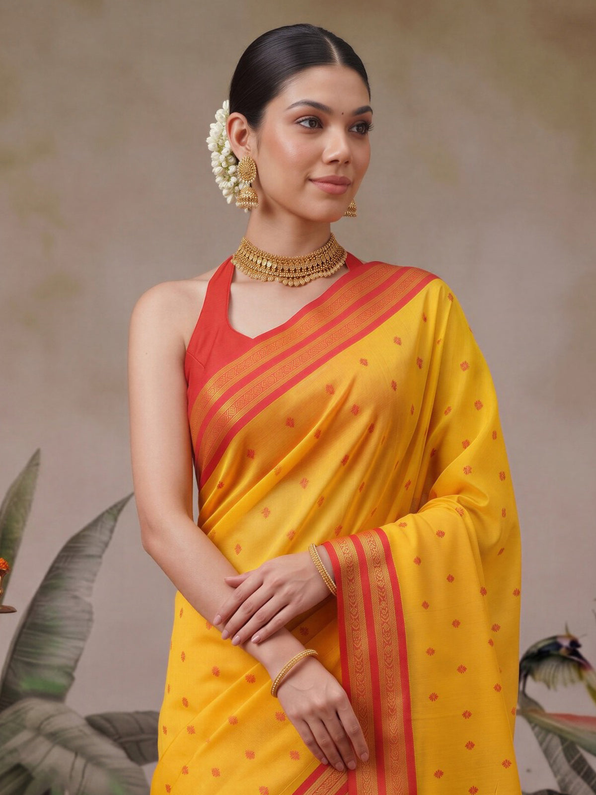 Mustard cotton blend saree view 3