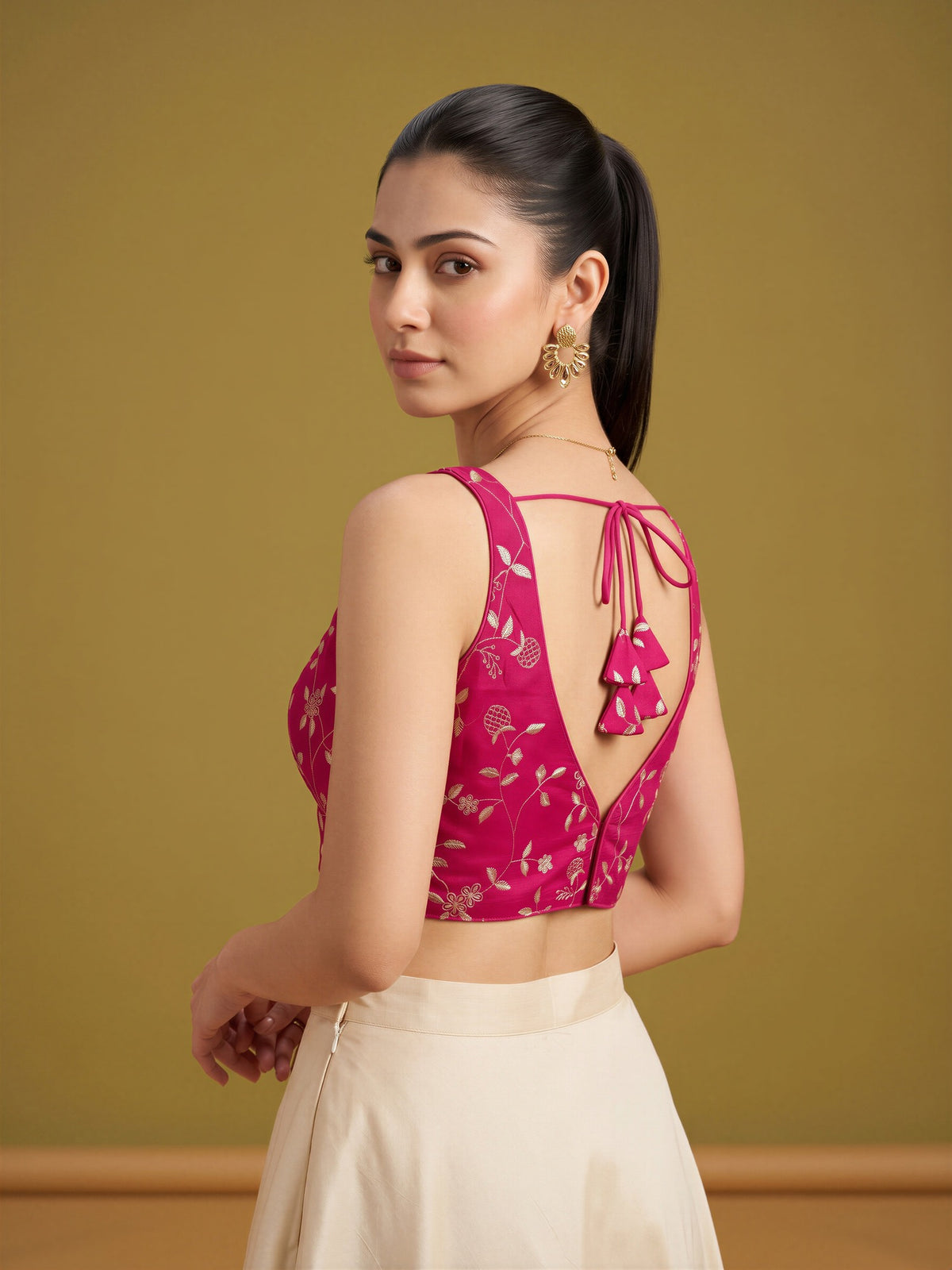 Pink sequin embellished silk blend sleeveless readymade saree blouse with v neck view 1