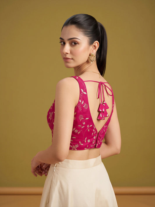 Pink sequin embellished silk blend sleeveless readymade saree blouse with v neck view 1