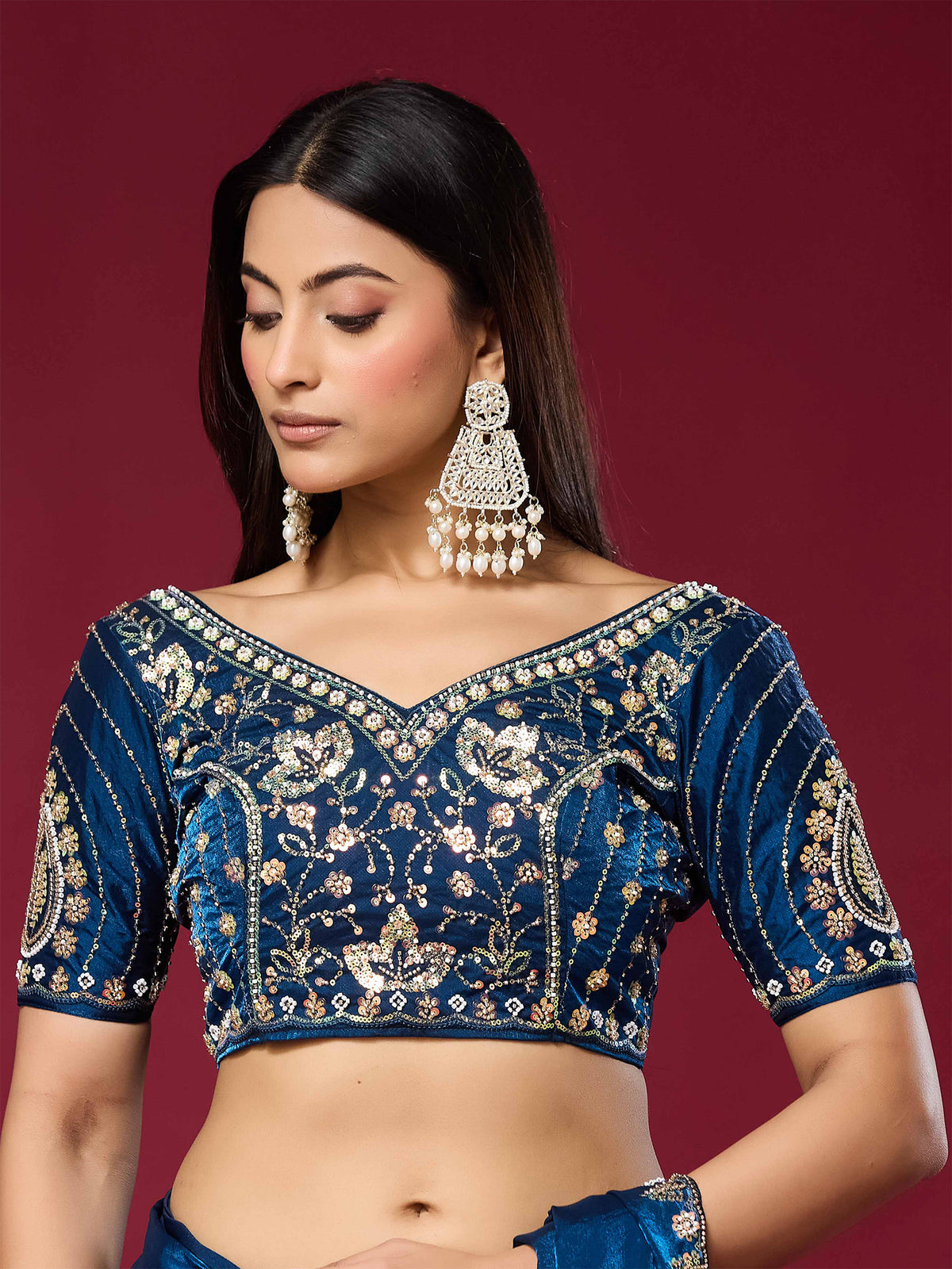 Unstitched teal blue satin silk blouse piece with embellished design