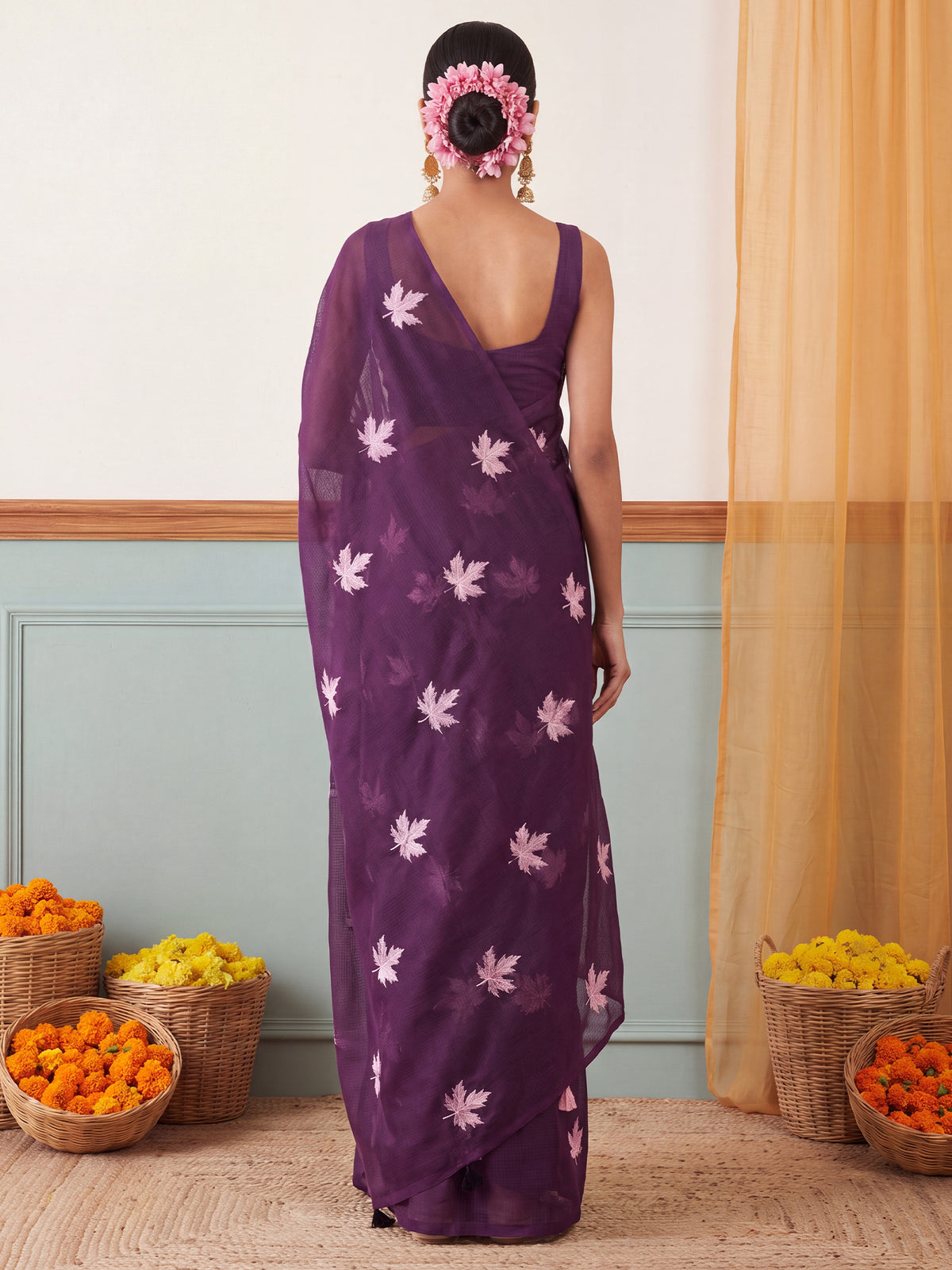 Wine Kota Doria Cotton saree – detail view 1