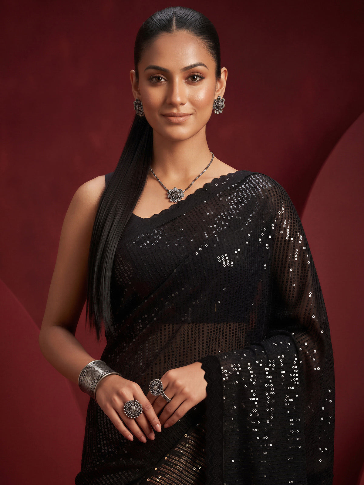 Black Pure Georgette saree – detail view 4