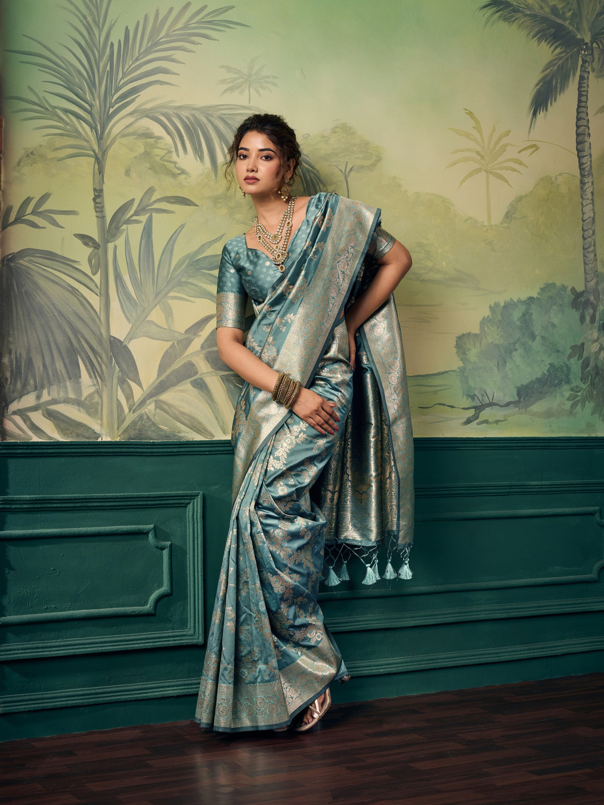 Teal Blue Banarasi Silk saree – detail view 2