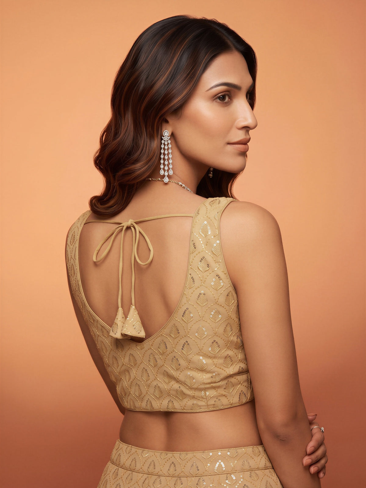 Cream sequin embroidered georgette sleeveless readymade saree blouse with sweetheart neck view 1