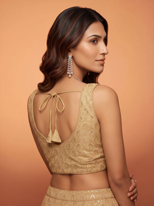 Cream sequin embroidered georgette sleeveless readymade saree blouse with sweetheart neck view 1