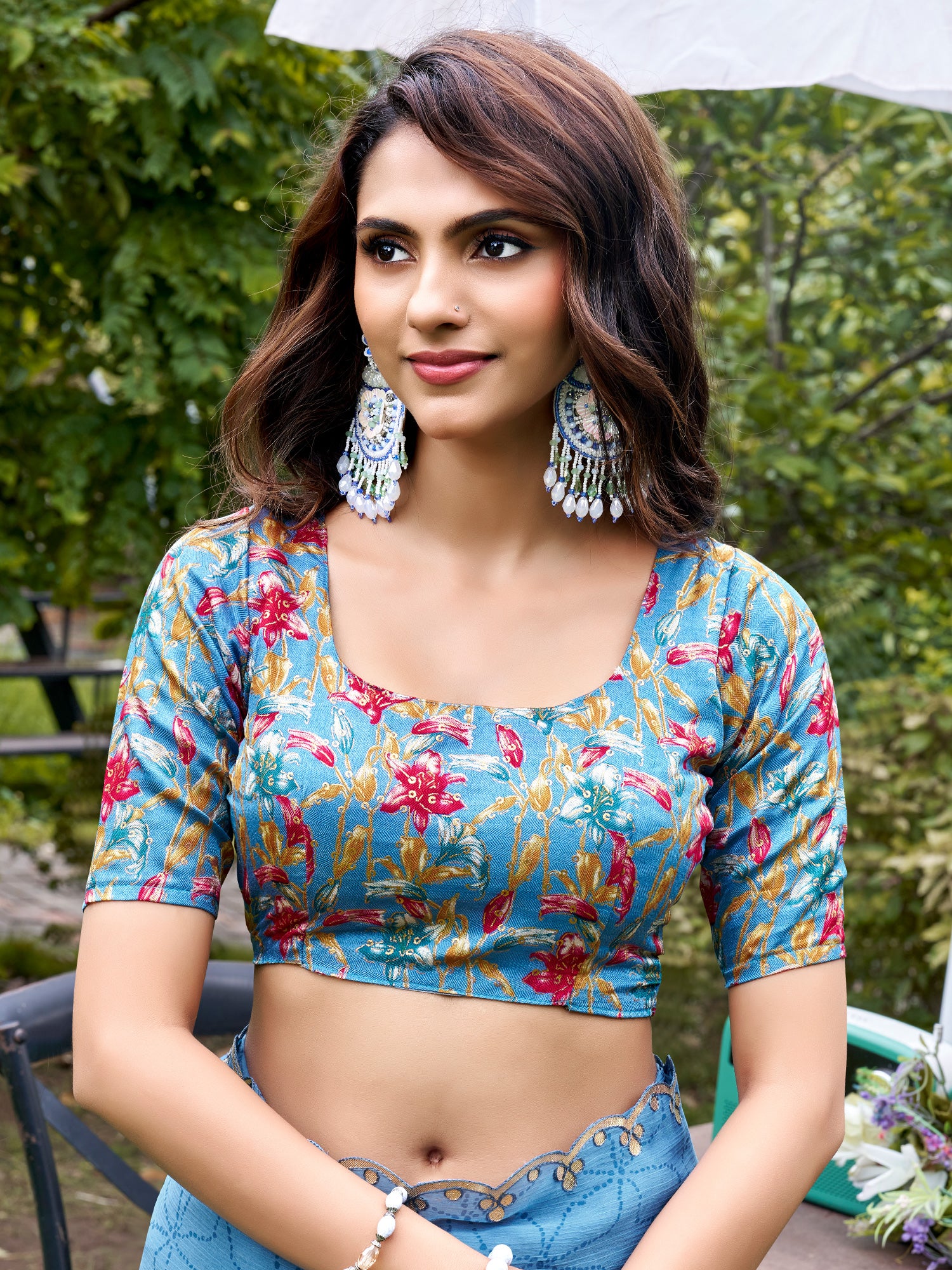 Unstitched multicolored pashmina silk blouse piece with floral design
