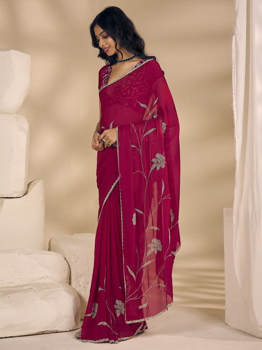Pink satin silk saree view 1